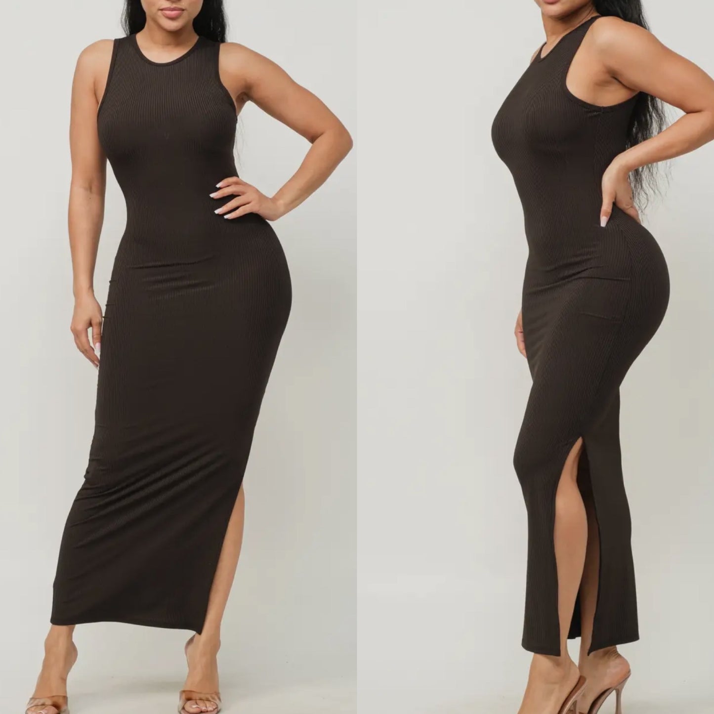 Solid sleeveless Body-con Slit Dress